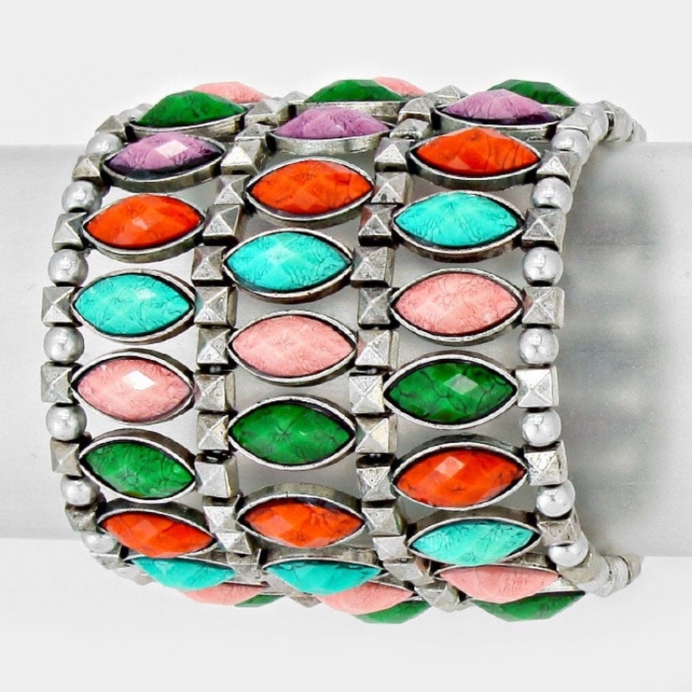 Antique Silver + Multicolor Crystal Cluster Stretch Bracelet